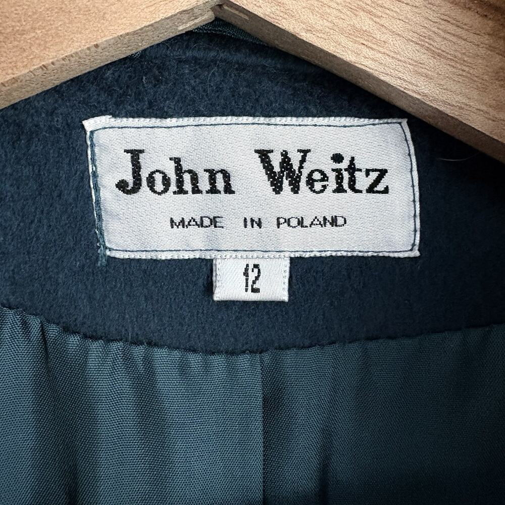 Vintage John Weitz Wool Overcoat Teal Gold Button Draped Scarf Collar Poland 12 - Picture 2 of 16